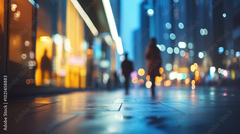 Poster Blurred View of a Street with Modern Architecture Sidewalks and Trendy Pedestrians Suitable as a Background Image Out of Focus Night Scene in an Urban Environment