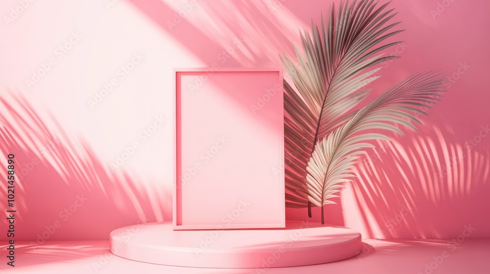 Aufkleber Abstract pink geometric shape backdrop featuring a frame and a plant creating a minimalist podium mock up scene 3D rendering