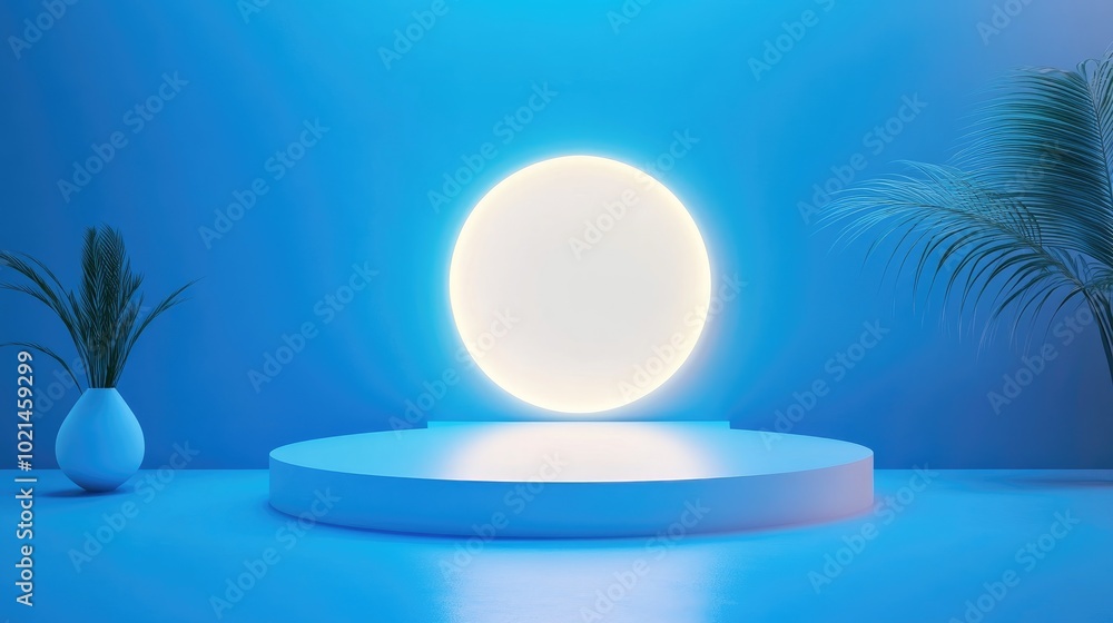 Poster abstract blue geometric background featuring a blue podium and white glowing bar mockup for cosmetic