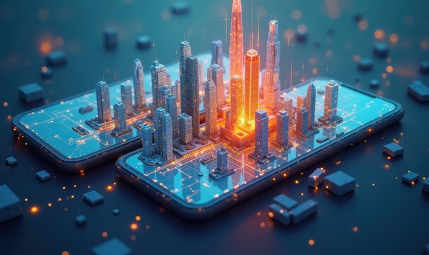 A futuristic cityscape emerging from smartphones, showcasing the intersection of technology and urban life. Perfect for digital innovation, smart cities, and real estate concepts.
