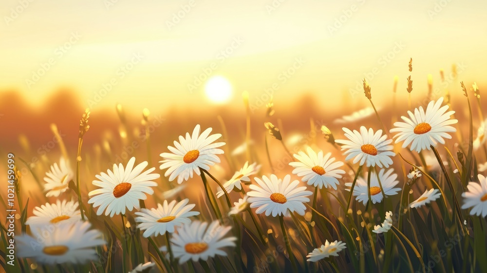 Poster a field of white daisies blooms with a focus on the setting sun while the blurred grassy meadow adds