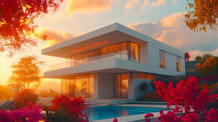Modern House With Pool and Sunset Sky 3D Illustration