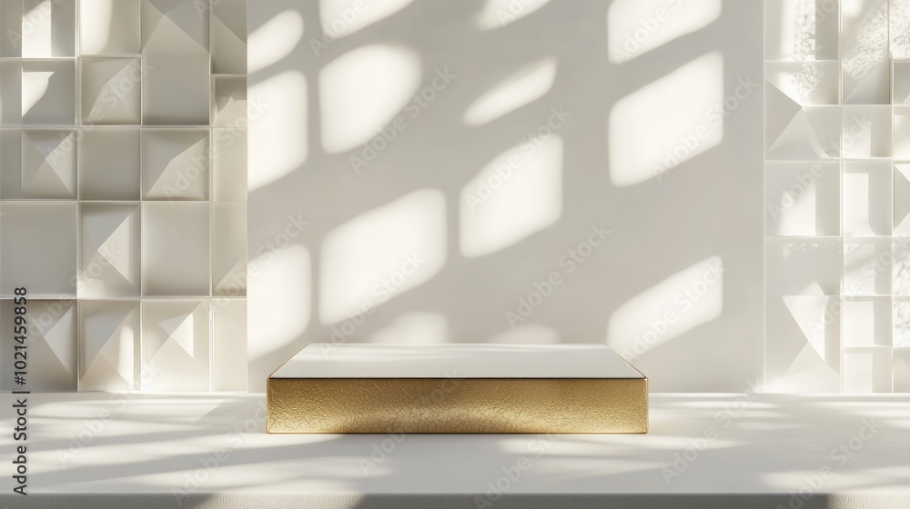 Aufkleber 3D rendering of a white and gold square podium against a white backdrop with geometric shapes Minimalist product presentation mock up