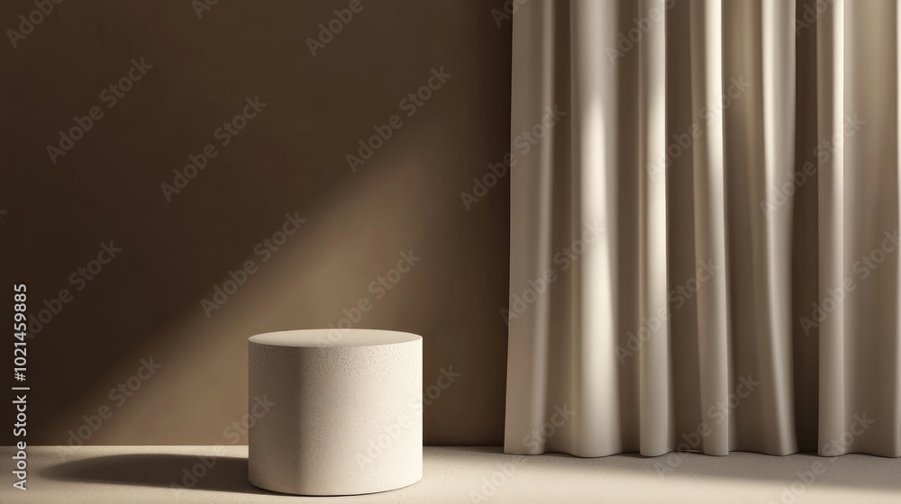 Poster 3D rendering of a product display podium with a curtain against a brown background Cylinder mock up for presentation purposes