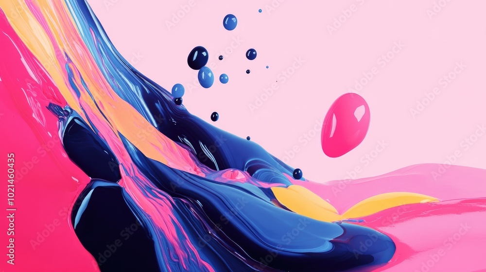 Poster Close Up Of Colorful Ink Drops Falling Into Water Creating Fluid Streams And Splashes Concept Art For Banner Wallpaper And Background Illustration With Blank Area For Text