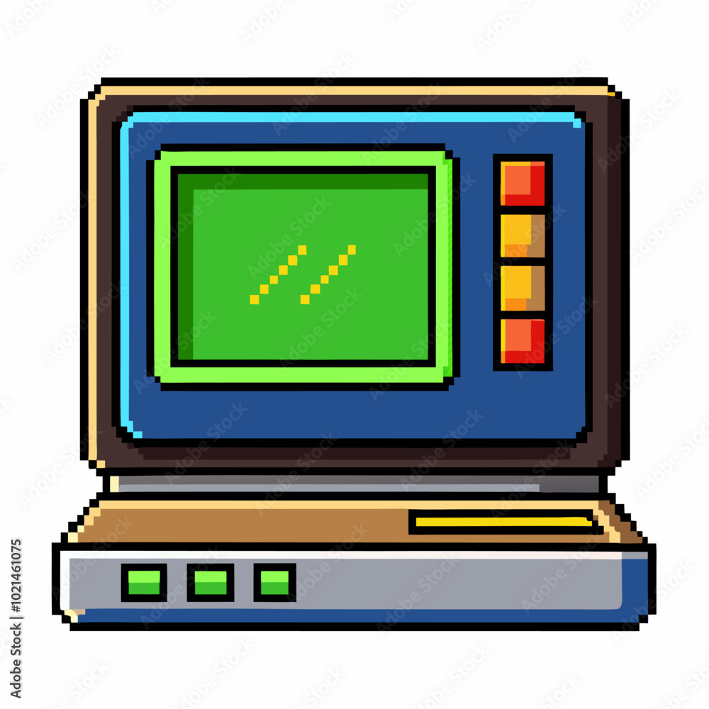 Aufkleber retro pixel art computer with green screen and colorful buttons