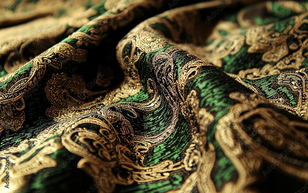 Aufkleber luxurious green and gold fabric with intricate patterns capturing light in a soft drape for elegant 