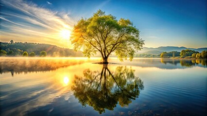 A lone tree stands tall in the center of a still lake, its reflection mirroring the beauty of the golden sunrise, casting long shadows over the water and creating a tranquil scene.