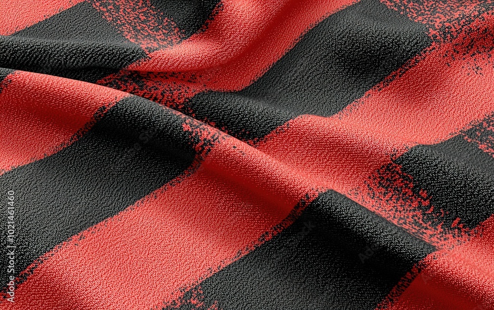 Poster textured fabric with bold red and black stripes displayed, showcasing vibrant colors and distinct pa