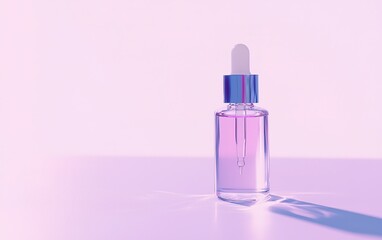 A clear glass dropper bottle filled with a purple liquid casts a soft shadow against a light pink background in natural lighting