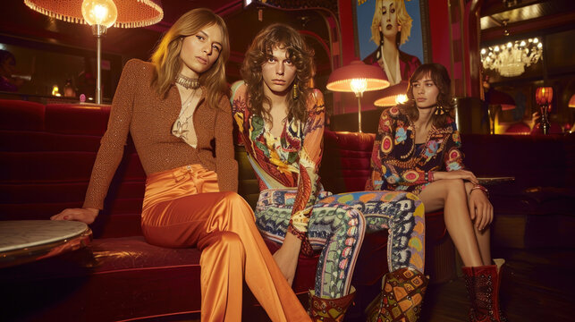 A vibrant 1970s fashion trend editorial with models in bell-bottom pants, patterned shirts, and chunky boots, posed in a retro nightclub.