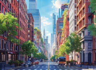 Fototapeta premium Vibrant City Street Scene Illustration