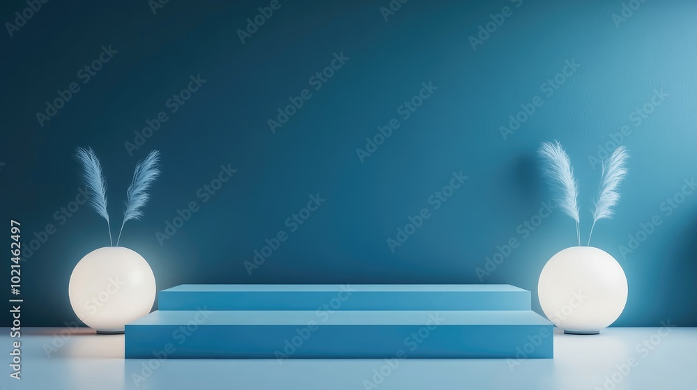 Poster abstract blue geometric background featuring a blue podium and white glowing bar mockup for cosmetic