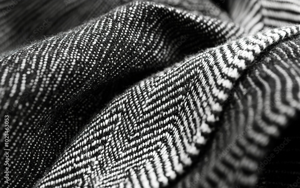 Poster close-up view of a textured fabric with herringbone pattern showcasing intricate weaving in monochro