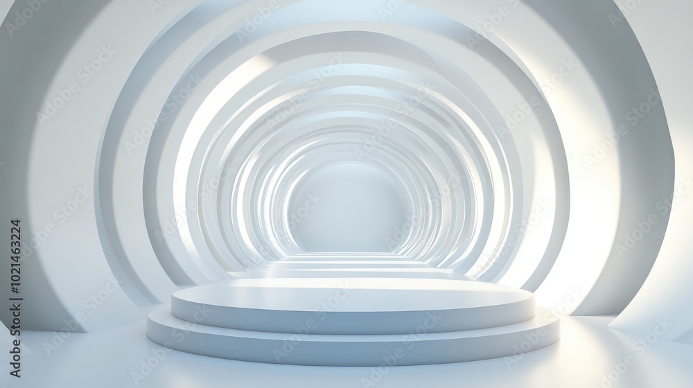 Poster Abstract background featuring a white circular tunnel podium Reflected light on the stage 3D rendering