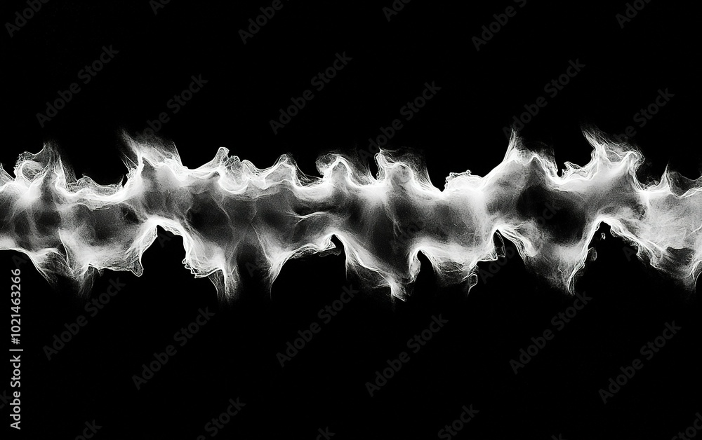 Poster abstract black and white smoke formation creating intricate patterns against a dark background in a 