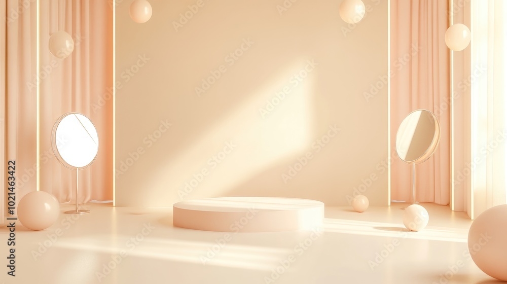 Poster 3D rendering of an abstract cosmetic background featuring a minimalist podium for product display An empty scene with spherical lighting and mirrors complemented by a pastel cream wall Fashion sho