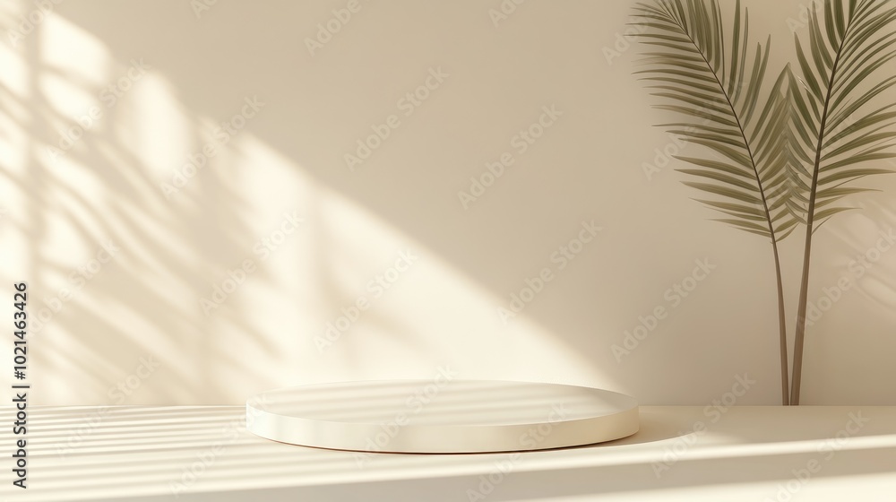 Poster Abstract white podium with shadow on a soft beige background Mockup stand for showcasing beauty products in exhibitions Minimalist design for cosmetic displays Empty space for custom content