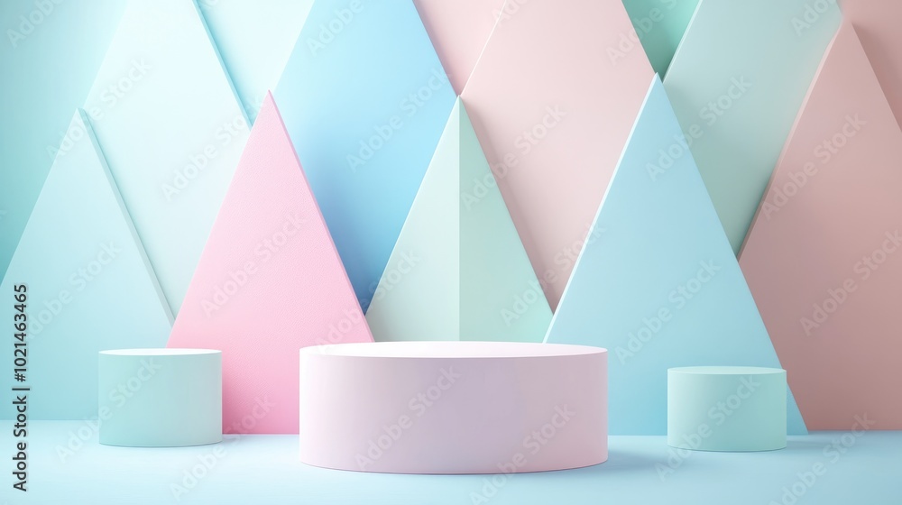 Aufkleber Abstract geometric shapes in pastel colors creating a minimal design for a cosmetic product display podium rendered in 3D