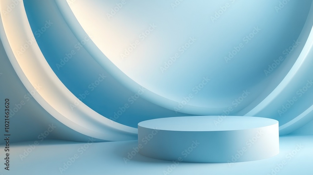 Poster 3D rendering of an abstract geometric shape background featuring a pastel blue podium in a minimalist design