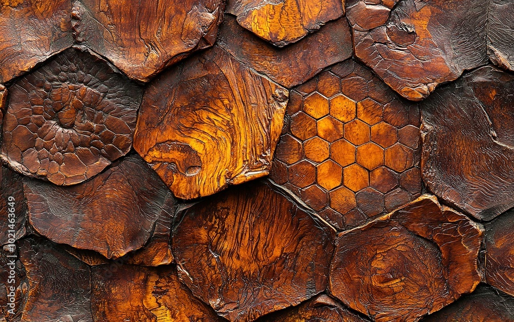 Poster natural wood texture featuring various circular patterns and a hexagonal shape, showcasing rich brow