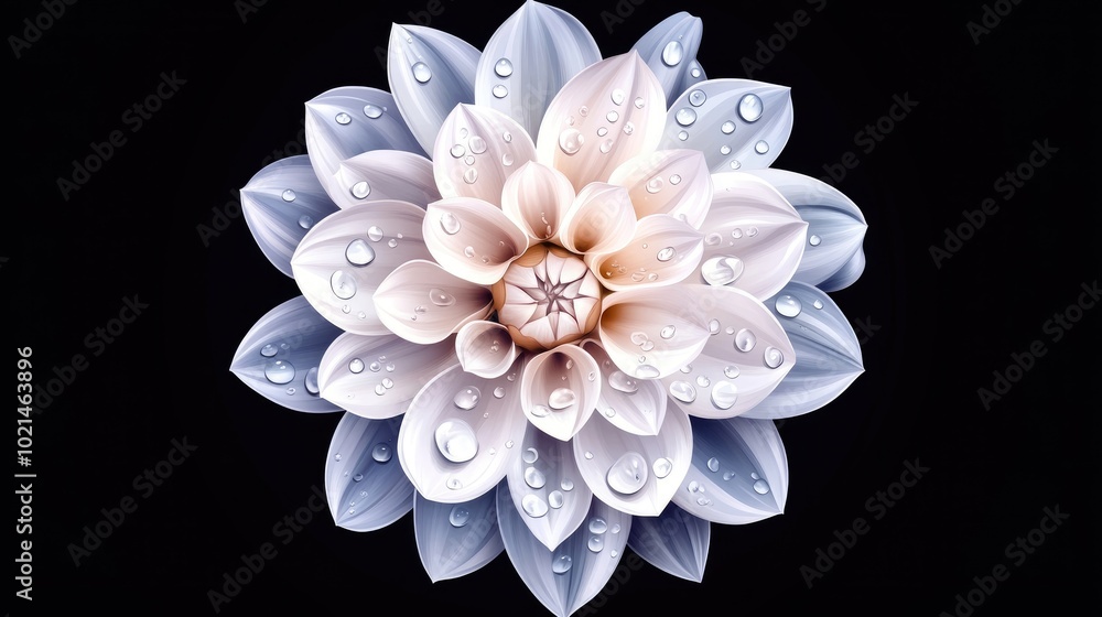Poster close up of a dahlia featuring water droplets on its white petals against a dark background macro sh