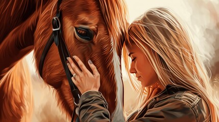 "Equine Empathy: A Blonde Woman&rsquo;s Gentle Touch on Her Rescued Horse Amidst a Serene Setting"

Captures the tenderness and empathy shared in the interaction between human and horse.