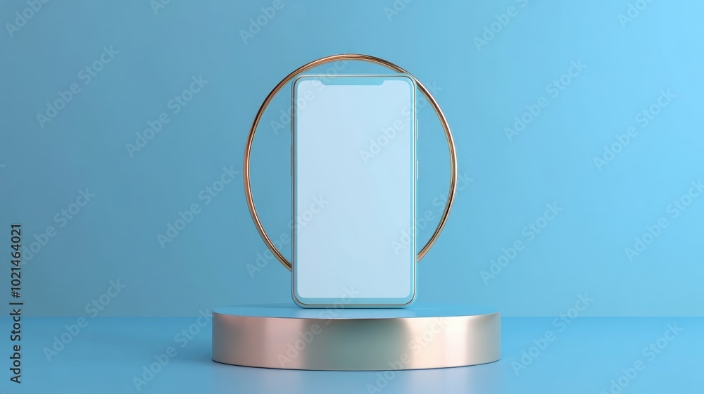 Poster blue smartphone displayed on a cylindrical podium featuring a gold border and copper circle against 