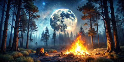 Fototapeta premium A crackling campfire illuminates the forest floor under a sky of endless stars and a luminous moon.