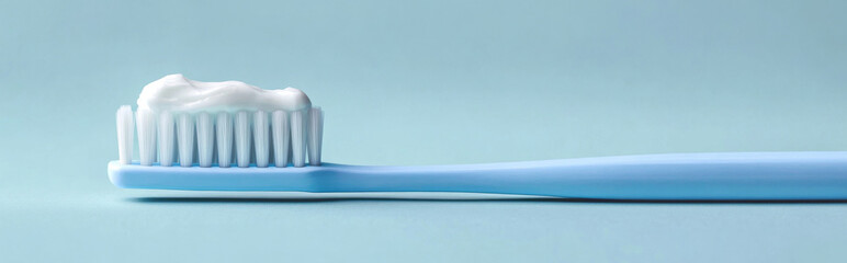 Toothbrush with toothpaste against solid color minimalist background with copy space