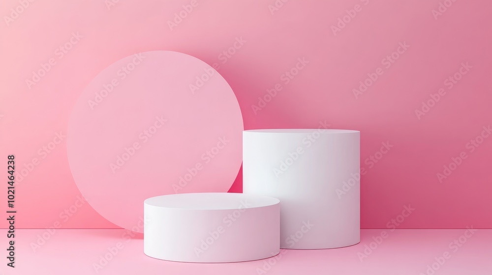 Aufkleber Abstract geometric shapes with white and pink podiums on a pink background for product display Minimalist concept 3D rendering