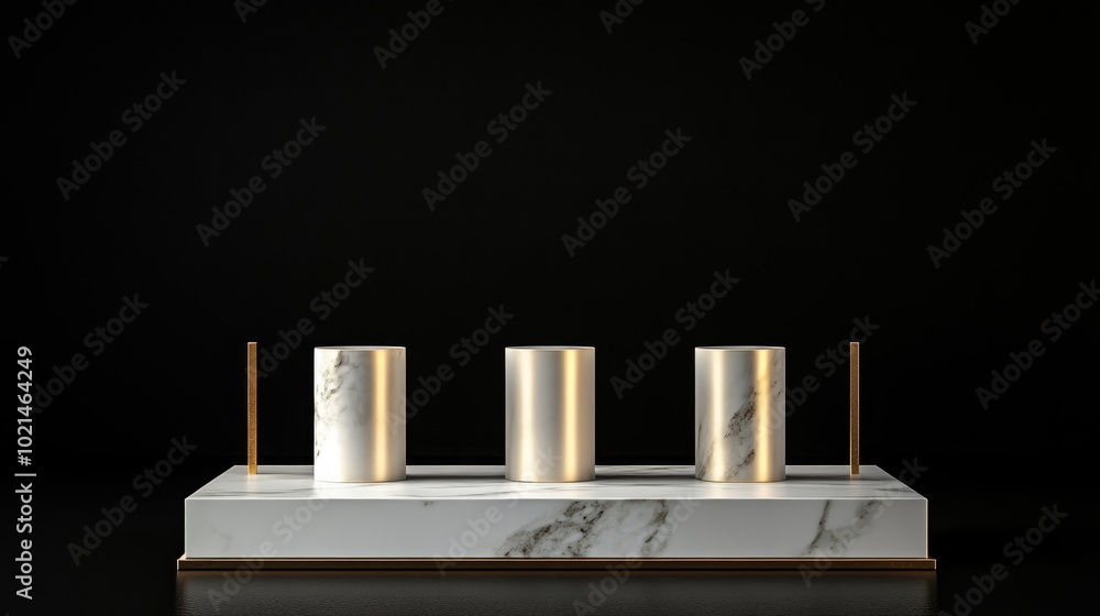 Aufkleber 3D rendering of a white marble pedestal set against a black background featuring a gold square frame and three cylindrical blocks embodying an abstract minimal concept with a clean and luxurious d
