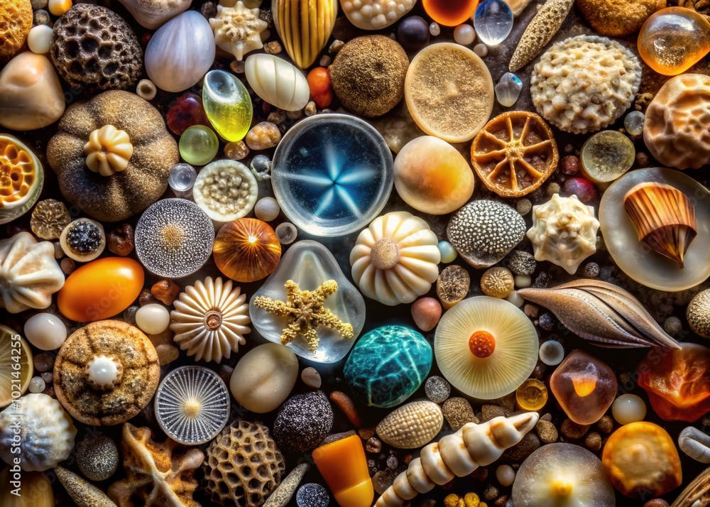 Poster magnified image of a grain of sand under microscope showing intricate patterns and textures