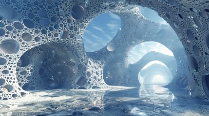 Surreal icy blue alien cave landscape