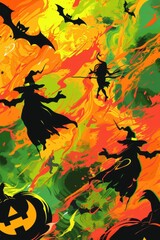 Fototapeta premium Surreal Halloween Abstract Background with Bold Orange, Green, and Black Spooky Elements for Design