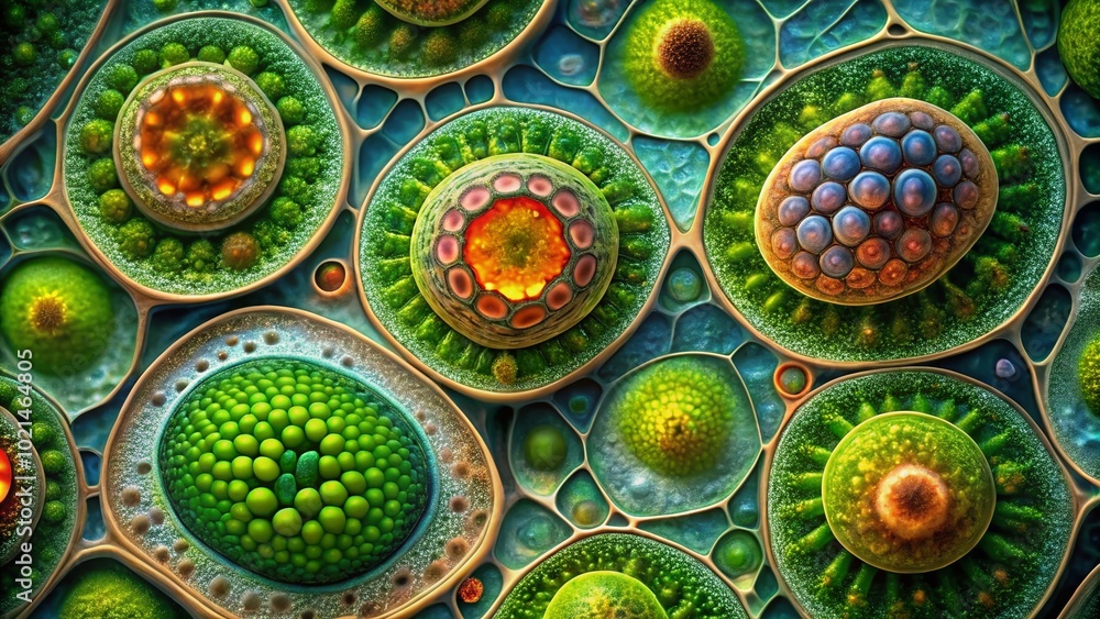 Poster magnified view of plant cells under microscope showing structure and cellular components in detail