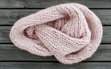 A cozy pink knitted infinity scarf resting on rustic wooden planks in a warm, inviting indoor setting during autumn