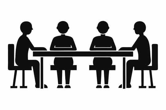 
Group of people sitting around a long table, Sitting table flat silhouette vector

