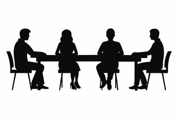 
Group of people sitting around a long table, Sitting table flat silhouette vector

