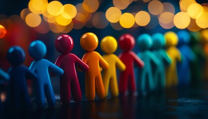 Colorful figurines standing in a row against a blurred bokeh background, symbolizing unity and diversity.