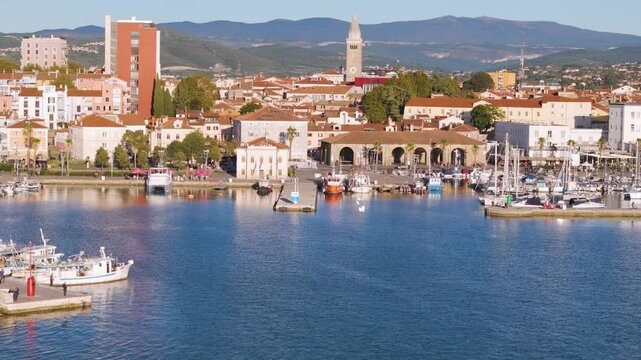 Aerial drone video of the coastal harbour town of Koper in Slovenia.