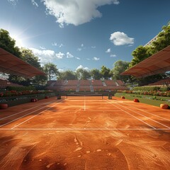 Naklejka premium Empty tennis court with blue sky and trees