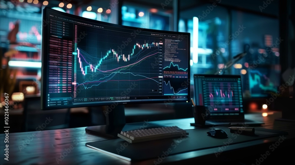 Poster a computer screen with a lot of data on it about the stock market.