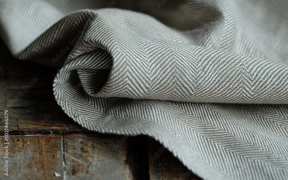Aufkleber a close-up view of a folded textile with a herringbone pattern resting on a wooden surface in natura