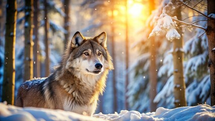Fototapeta premium A Majestic Wolf Stands Tall in a Snowy Forest, Bathed in the Golden Light of the Setting Sun