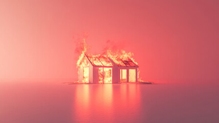 Naklejka premium Burning house in surreal landscape with reflective water surface, concept of destruction