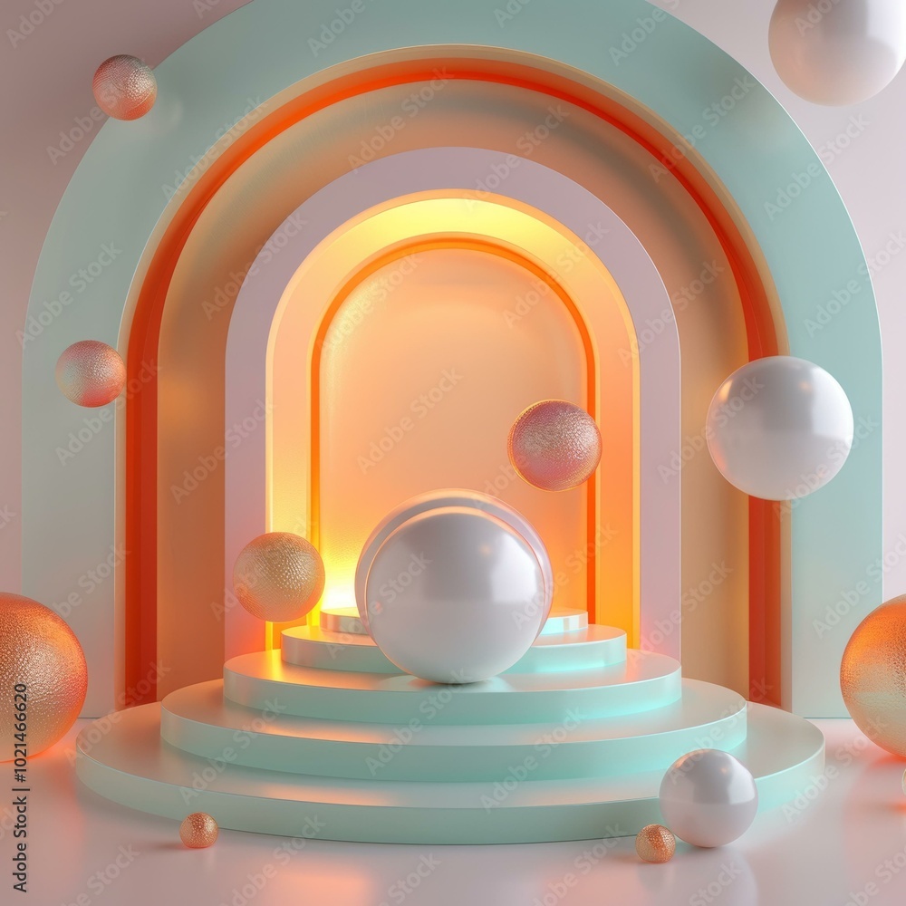 Poster abstract colorful 3d display stand with floating balls