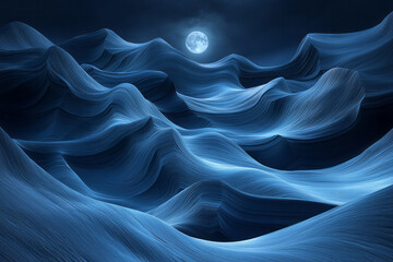 Obraz premium An abstract image of flowing blue lines forming a dynamic landscape that resembles sand dunes under a moonlit night,