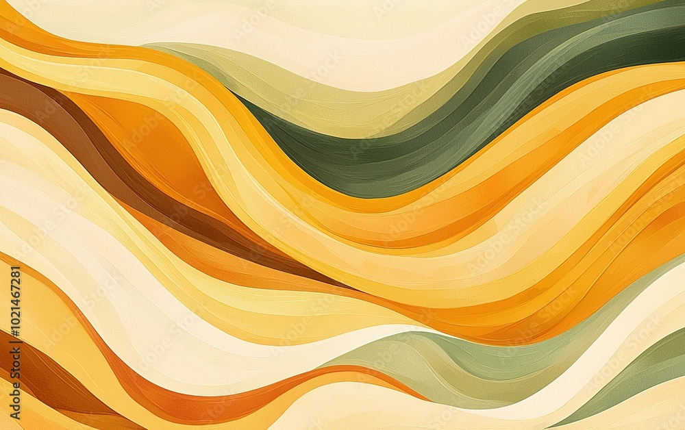 Poster abstract wavy pattern in warm tones of orange, yellow, and green creating a harmonious design suitab