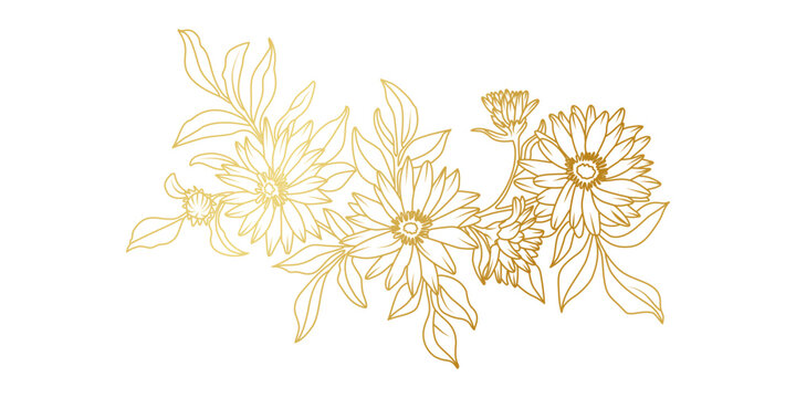 Golden Aster flowers line art isolated on white background. Luxury Aster floral design elements for invitation, wedding, wallpaper, print template, vector illustration